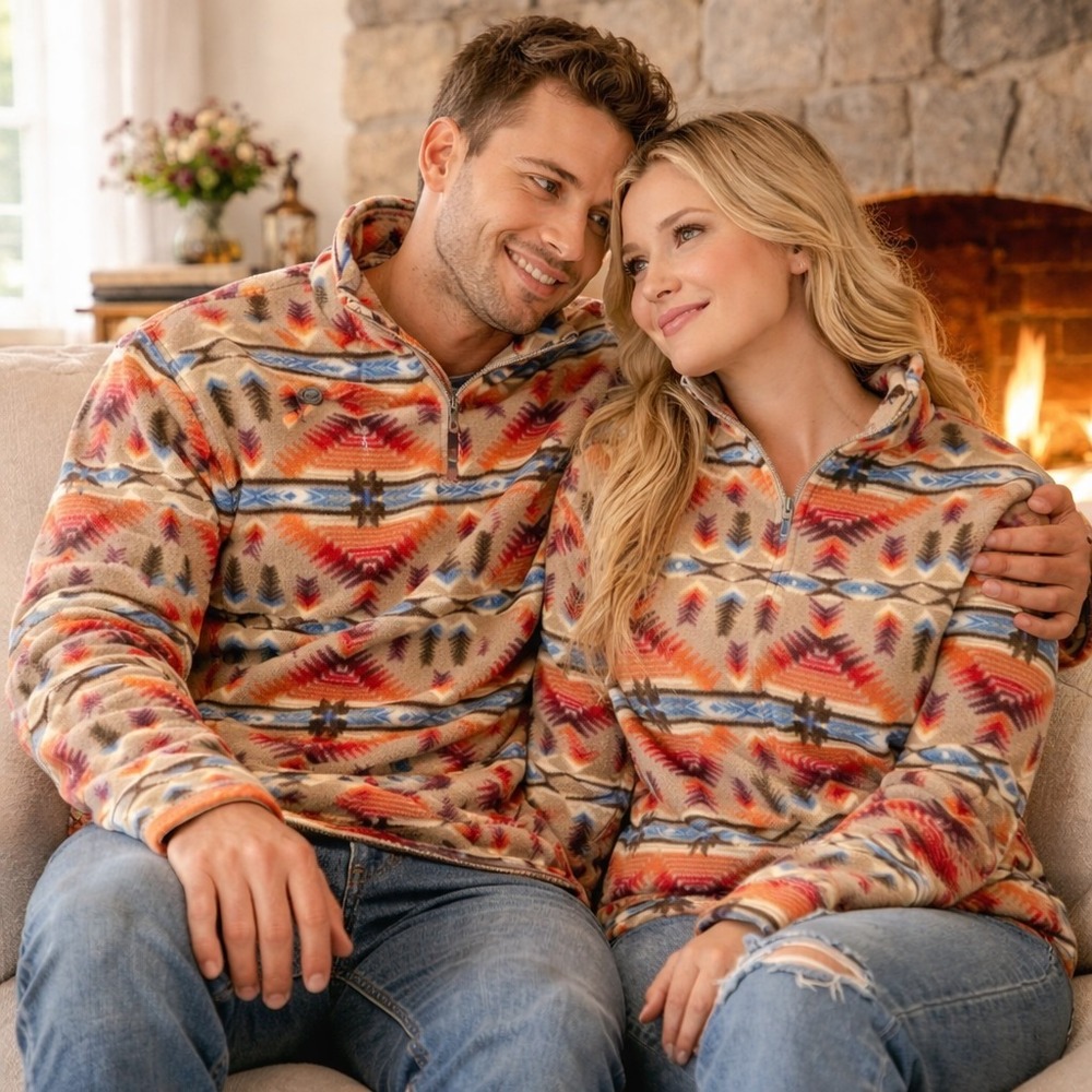 Powder River Outfitters Aztec Fleece Pullover‎ Quarter Zip Unisex S Southwestern